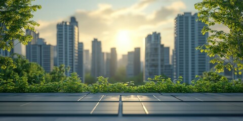 Fototapeta premium A vibrant cityscape showcasing solar panels amid greenery highlighting urban sustainability eco-friendly energy solutions