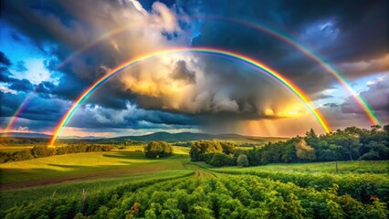 Fototapeta premium Post-rain landscape bursts with a double rainbow, bokeh-blurred, stunningly beautiful.