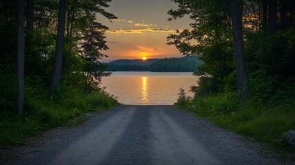 Fototapeta premium a deserted road winding towards a lake at sunset, capturing an adventurous spirit.