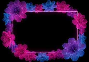 A rectangular frame of oversized fantasy flowers glowing in vibrant neon hues with black copy space