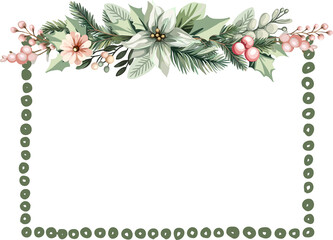 Festive (New Year, Christmas) frame of Christmas tree decorations, spruce branches in pink and green colors. Digital illustration.