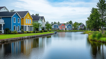 Fototapeta premium Colorful Houses Line a Calm Canal in a Picturesque Neighborhood