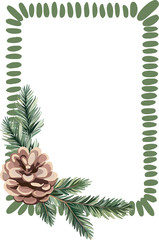 Festive (New Year, Christmas) frame of Christmas tree decorations, spruce branches in pink and green colors. Digital illustration.