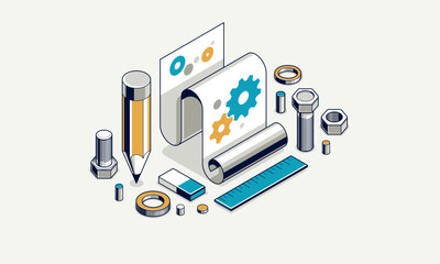 Mechanical engineering project in embodiment implementation concept, engine draft plan drawing and work process, paper sheet with gears and pencil 3D isometric vector illustration, repair tutorial.