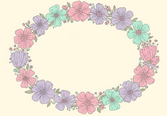 A wreath of hand-drawn whimsical flowers in pastel shades encircling a blank text area