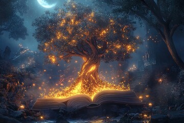 Enchanting fantasy book with a luminous, fiery tree opens to reveal magic.