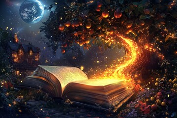 Enchanting fantasy book with a luminous, fiery tree opens to reveal magic.