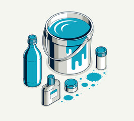 Painting walls service interior vector 3D isometric illustration, job professional renovation, residential flat renovate, apartment or house interior decoration.