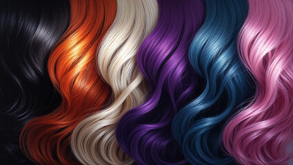 Colorful hair strands showing different trendy hair colors
