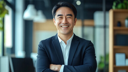 Fototapeta premium Confident happy Asian businessman executive, Japanese business man investor standing in big city looking and smile at screen successful