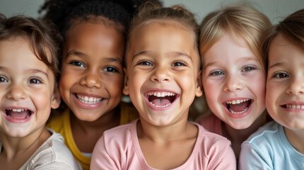 Obraz premium Happy children girls of different ethnicities, selective focus