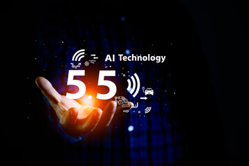 5.5 G Technology networks Internet connecting wireless devices around the world. 5.5 g icon in businessman hand. Technology is essential to businesses in the digital world.