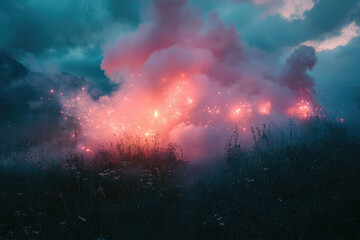 Obraz premium Pink smoke and sparks illuminate a field at dusk, creating a magical, ethereal scene.