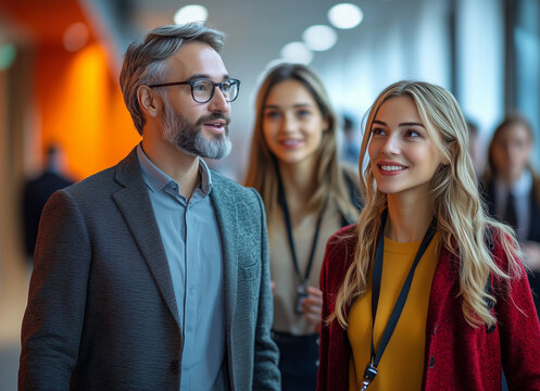 Grupka osób, pracownicy biurowi, ludzie z korporacji gestykulują żywo rozmawiając, omawiając sprawy biznesowe, zagadnienia dnia.