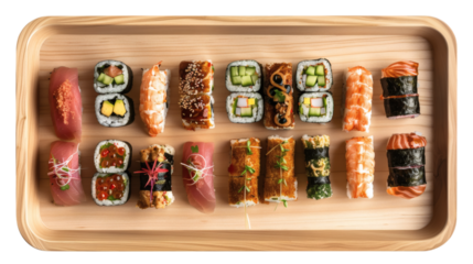 Set of delicious sushi rolls on a wooden tray, isolated on white background