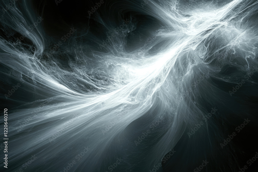 Poster abstract grayscale fractal art depicting swirling, ethereal energy streams in a dark background.