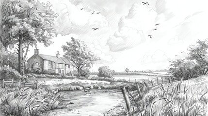 A detailed pencil drawing of a quaint countryside scene, featuring a stone cottage nestled amidst lush greenery, a winding stream, and a serene sky.