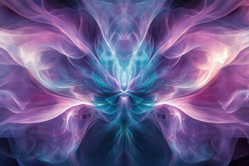 Obraz premium Abstract fractal art depicting a mesmerizing, symmetrical, ethereal floral pattern in vibrant purple and teal hues.