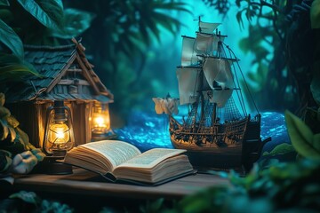 A miniature ship resting on a book, nestled among lush greenery.