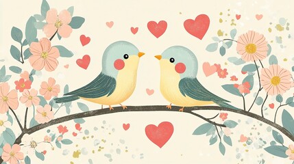 Flat Lay of Two Lovebirds with Flowers and Hearts, Valentine’s Day, Valentine’s Day image 