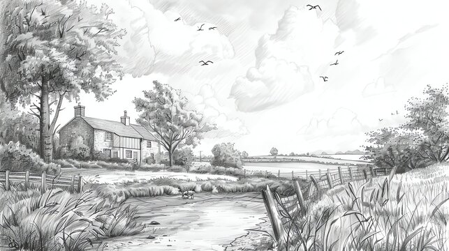 A detailed pencil drawing of a quaint countryside scene, featuring a stone cottage nestled amidst lush greenery, a winding stream, and a serene sky.