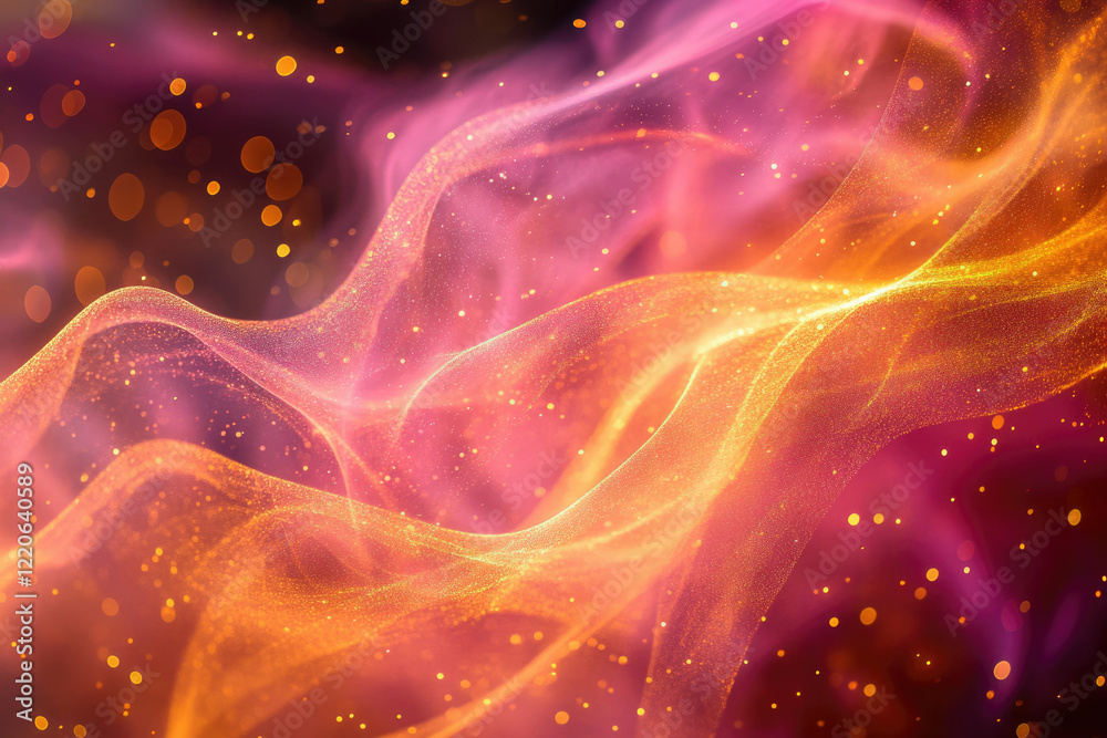 Poster abstract swirling golden and pink particles with bokeh effect, creating a dreamy, magical atmosphere