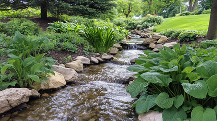 Serene Stream Flowing Through Lush Green Garden