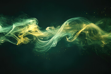 Obraz premium Abstract swirling green and gold smoke with sparkling dust particles, ethereal and dreamy.