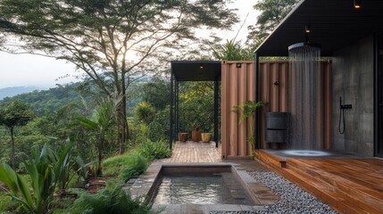 Fototapeta premium A small container home with a luxurious outdoor shower, minimalist landscaping, and views of a serene natural setting.