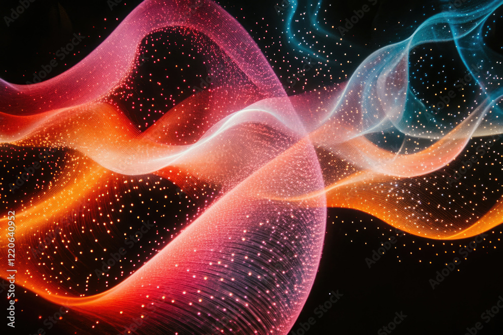 Poster Abstract art showcasing vibrant, flowing light waves with embedded sparkles on a dark background.