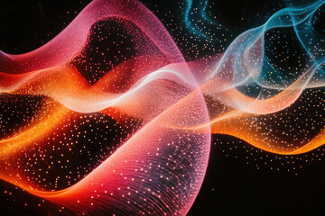 Fototapeta premium Abstract art showcasing vibrant, flowing light waves with embedded sparkles on a dark background.