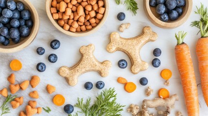 A flat lay of gourmet pet treats shaped like bones and fish, arranged alongside natural ingredients like blueberries and carrots.