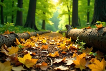 Obraz premium Forest floor with scattered yellow and green leaves and fallen branches, woodpile, foliage, leafy ground