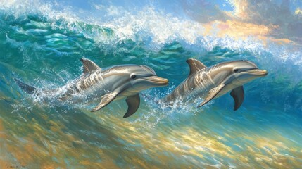 Obraz premium Playful Dolphins Swimming in Ocean Waves