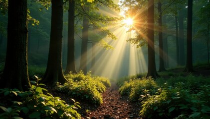 Fototapeta premium Forest floor with sunlight filtering through trees, sunlight filtering, woodland ambiance, serene landscape