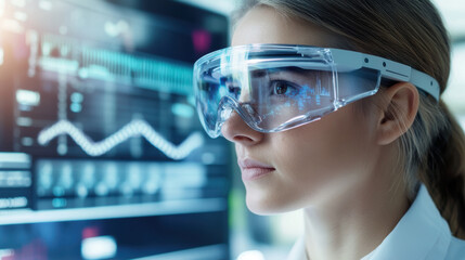 close up of focused researcher wearing advanced protective goggles, analyzing data on futuristic digital screens in high tech laboratory environment