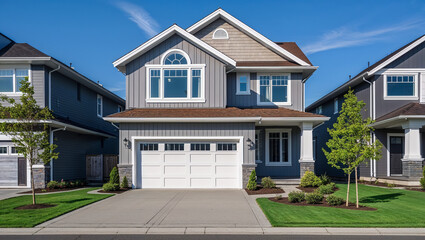 Beautiful new suburban houses with green grass and trees