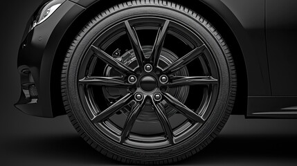 Close-up view of black alloy wheels with round car tires on a dark background