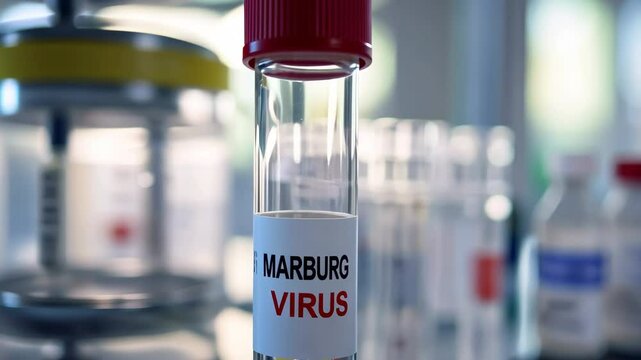 Specific Laboratory Sample of the Marburg Virus used in a Research Setting for Studies. Vial labeled Marburg Virus. Biosafety in infectious disease research. Glass ampoule on a Blue Background of Lab