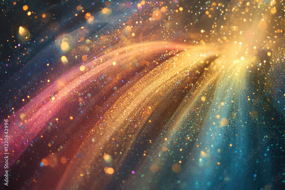 Poster a mesmerizing display of golden, teal, and pink glitter, creating a radiant and sparkling abstract b