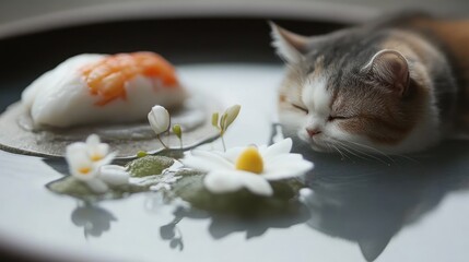 A gourmet cat food dish featuring a combination of high-quality fish and vegetables, plated elegantly.