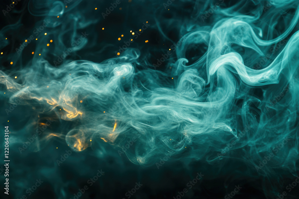 Poster abstract teal smoke swirls with golden sparks against a dark background, creating a mystical and eth