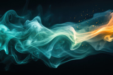 Abstract swirling teal and orange smoke with golden sparkles on a dark background.