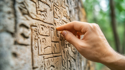 close up of hand gently tracing ancient carvings on weathered stone surface, surrounded by lush green background, evoking curiosity and exploration