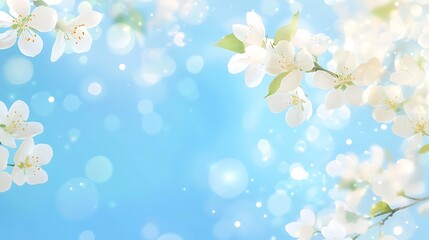 March is here! A spring landscape adorned with blossoming white apple tree branches and a blue sky, enhanced by bokeh.