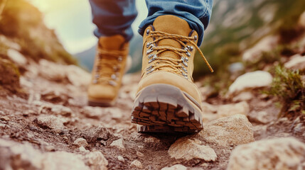 close up of hiking boots stepping on rugged mountain trail, surrounded by rocks and greenery, with warm sunlight glow in background