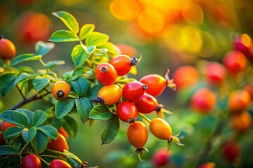 Close-up Tilt-Shift Photo of Vibrant Orange Rosehips & Green Leaves on Bush, Perfect for Tea & Healthy Drinks