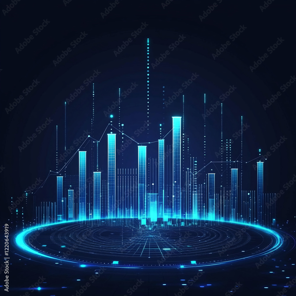 Poster futuristic digital data visualization with glowing bar charts on a dark blue background. business ba