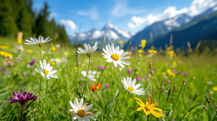 close up of wildflowers blooming in sunlit meadow with scenic mountain range in background, under bright blue sky