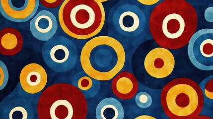 A modern design of overlapping circles and rectangles in primary colors with textured finishes.